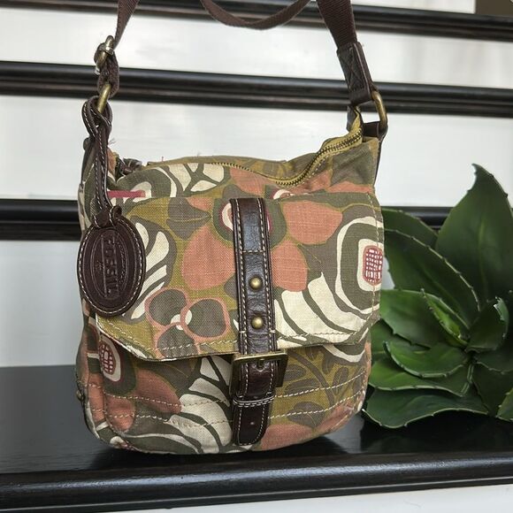 Fossil Canvas & Leather Crossbody Shoulder Purse Multicolor Floral Perfect Fall - Picture 1 of 9